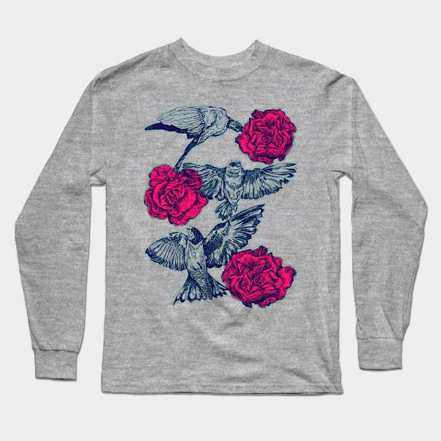 Rose & Swallows Long Sleeve T-Shirt by minniemorrisart